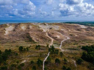 Aerial view of dead grey dunes in Curonian spit, Lithuania