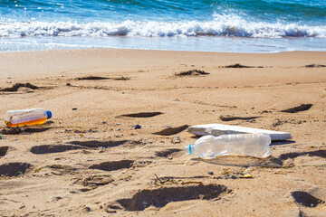 Fototapeta na wymiar plastic trash on the seashore. Environmental pollution. Ecological catastrophy