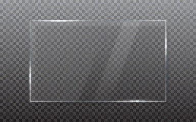 Glass plate on transparent backdrop. Realistic glass. 3D window with shining effect. Plastic sheet with reflection and shadow. Acrylic screen template. Vector illustration