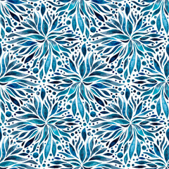 Seamless watercolor floral pattern in blue tones on a white background. 