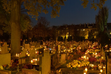 Endless grave lantern lights at cemetery in Poland