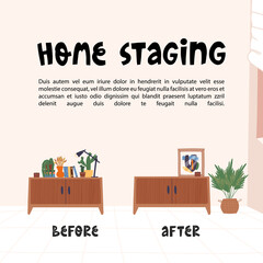 Home staging before and after banner template with neutral Interior decoration and modern furniture, lettering and text.