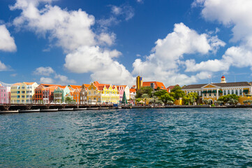 Colorful buildings blue sky harbor Willemstad Curacao