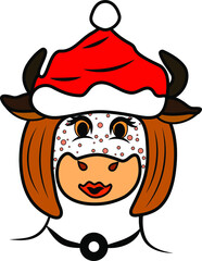 humanized new year's portrait of a red cow with freckles in a new year's red Cap, drawn in vector, on a white background in isolation 