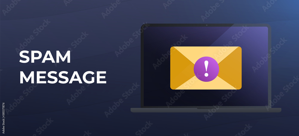 Aufkleber spam message - email warning concept. laptop with yellow mail envelope with warning and alert messag