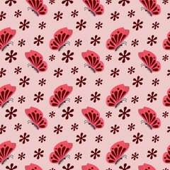 Seamless cute butterfly pattern with flowers. Pink editable background vector illustration