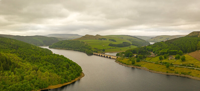 Aerial view of Ladybower Reservoir in the Peak District National Park, Pennines, UK.