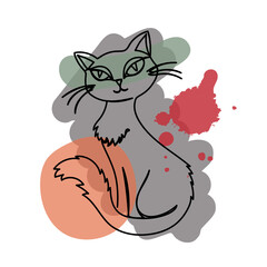 Cat in a hand drawn linear style with colorful abstract stains. Isolated on white.