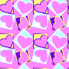 seamless pattern of stylized multicolored hearts on a pink background