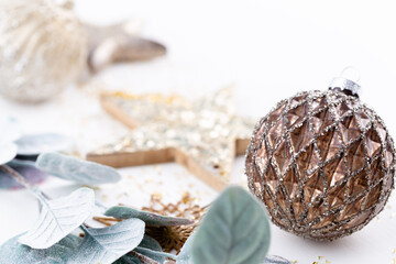 New Year celebration and Christmas background, Christmas decorations top view.