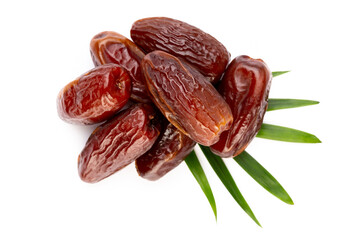 Dry dates isolated on white background. Top view. Flat lay pattern.