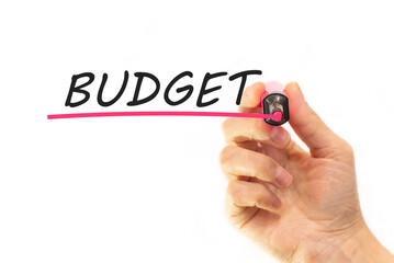 the hand writes the word budget with a marker on a white background. business concept