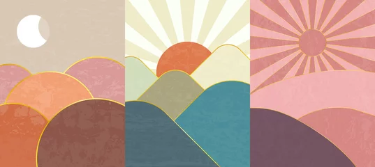 Vektor-Illustration. Abstrakte zeitgenössische ästhetische Hintergründe. Landschaften gesetzt. Erdfarben. Boho-Wanddekoration. Moderner Kunstdruck. Flaches Design für Buchcover, Poster, Banner, Broschüren, Flyer © VVadi4ka