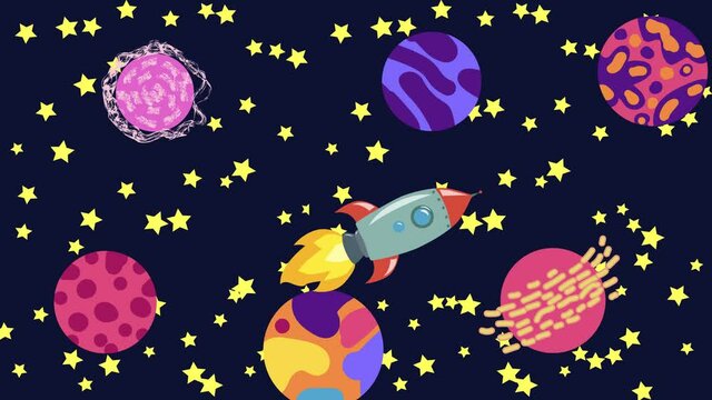 Cartoon Space. Cartoon rocket flies in outer space past the suspended planets, satellites and other objects. Flat loopback animation.