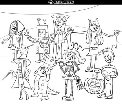 cartoon characters at Halloween party coloring book page