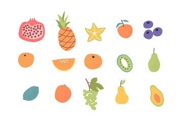 Doodle hand drawn fruits set. Vegan tropical fruits