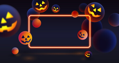 Halloween banner with dark balls, blured and luminous, luminescent orange balls with soft touch feeling with spooky smile and neon frame. Dark background. Vector illustration. 