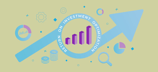 ROI Optimization - Return on Investment Business concept. Financial income and progit strategy illustration horizontal web banner. Finance and Market growth vision stretching rising up