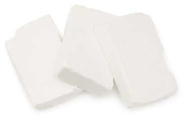 Slices feta cheese isolated on white background. Clipping path and full depth of field. Top view