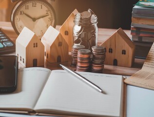 Coins money book bank account model house paper pen on desk. financial report passbook saving money...