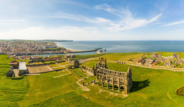 Aerial view of Whitby Abbey ruin, Whitby, UK.