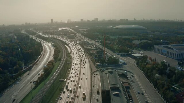 Aerial view of a busy urban highway in the morning. Moscow, Russia