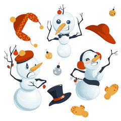 Set of three snowmen and extra winter outfit. There are snow dandy, lady and a nervous guy. Emotional characters can be combined together or used separately. Vector illustration