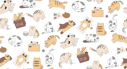 Pattern of funny cats on a white background. Pets listen to music, play with a mouse, hunt, hide in a box, sunbathe, superhero, hide in a box, run, fish, sleep. Animals have different emotions.