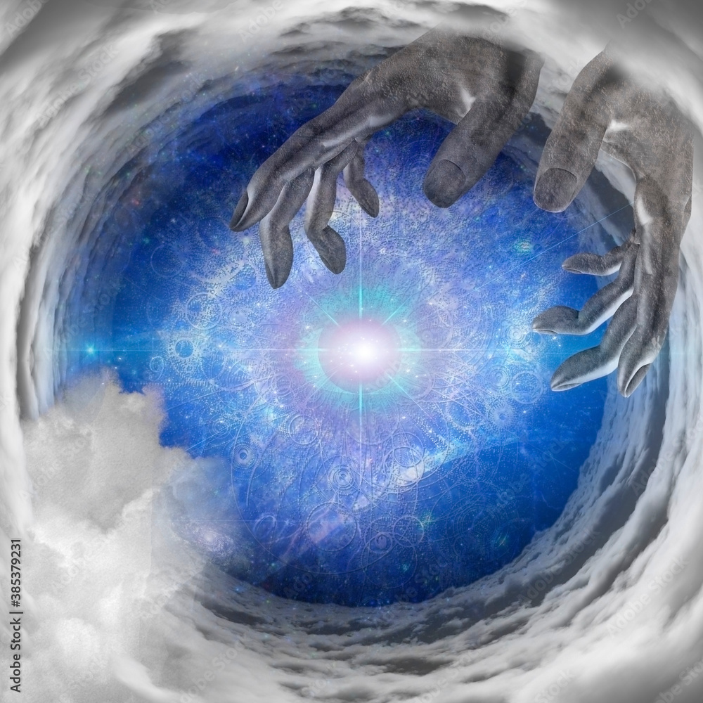 Poster hands in tunnel of clouds. 3d rendering