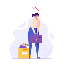 Fototapeta premium Woman stands with a bag, he was fired from job. Concept of unemployment, fired, work conflict, dismissal, professional burnout, unsuccessful career. Vector illustration in flat design