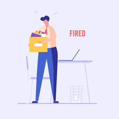 Man stands with a box of things, he was fired from job. Concept of unemployment, fired, work conflict, dismissal, professional burnout. Vector illustration in flat design