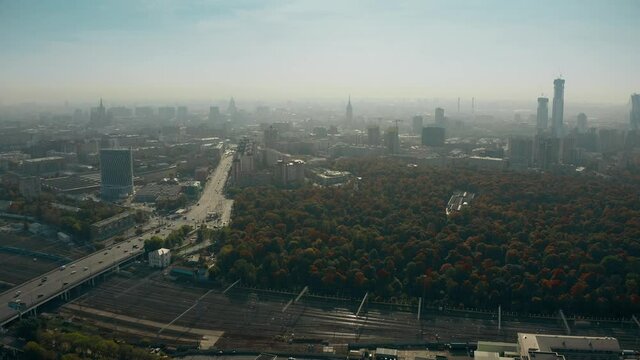 Aerial shot of Moscow cityscape involving 1905 Goda street and Vagankovo Cemetery, Russia