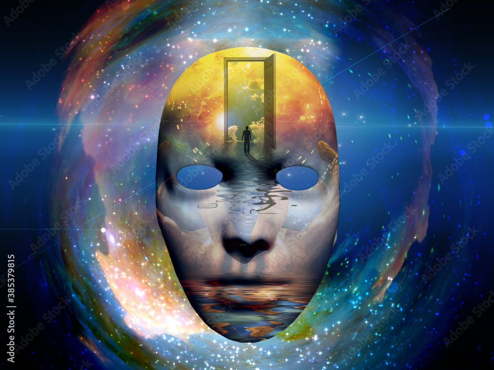 Poster mask with the image of man and open door to another world at the seashore. colorful universe on back