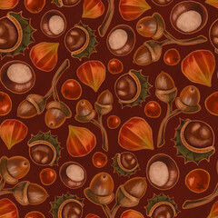 Seamless texture on autumn theme, elements of chestnut, rowan, physalis, acorn. Autumn wallpaper illustration.