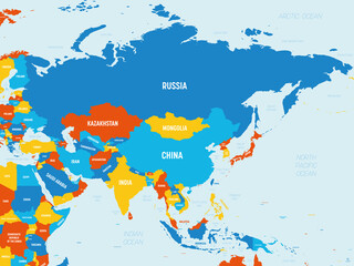 Asia - 4 bright color scheme. High detailed political map of asian continent with country, ocean and sea names labeling