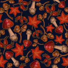 Seamless texture on autumn theme, elements of amanita mushrooms, rowan, rosehip berry, leaves. Autumn wallpaper illustration.