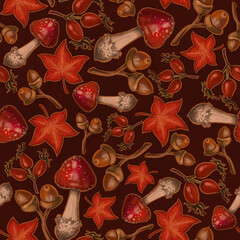 Seamless texture on autumn theme, elements of amanita mushrooms, rowan, rosehip berry, leaves. Autumn wallpaper illustration.