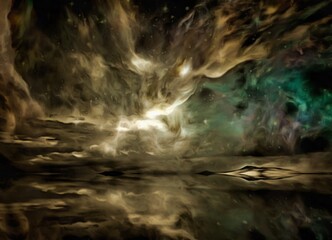 Abstract painting. Mystic light and clouds over water. 3D rendering