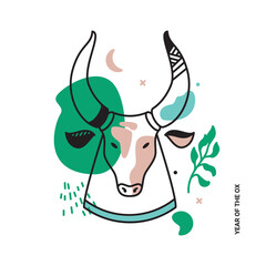 Modern illustration in spots and pastel colors. Hand-drawn. Bull in a thin line for a banner. - 385380279