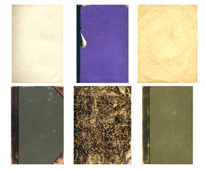 Paper and textile textures set. Blank retro pages and old book covers. Rough faded canvas surface....
