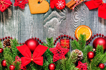 Christmas background on a grey wooden board