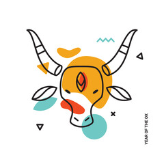 Modern contemporary simple picture of a bull with lines and spots. Trend of 2021. Illustration for the new year. - 385380614