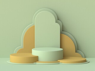 Green and brown abstract background with three stages and arcs 3D