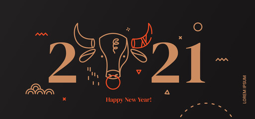 Illustration for the year of the bull. Stylish card for 2021 in thin lines - 385380678