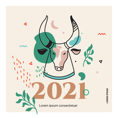 Banner for social articles featuring a bull in a retro style. Bed colors, chinese new year 2021. - 385381002