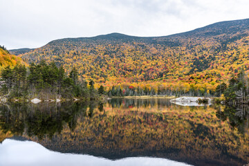 Mountain lake surrounded by thick deciduous forest at the peak of autumn colours on a cloudy day. Reflection in water.