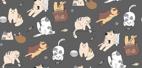 Pattern of funny cats on a gray background. Pets listen to music, play with a mouse, hunt, hide in a box, sunbathe, superhero, hide in a box, run, fish, sleep. Animals have different emotions.