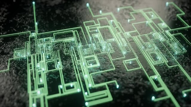 Green circuits pathway forming on black background