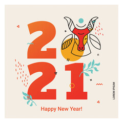 Pop style illustration with thin line bull. Social media picture for new year 2021 - 385381624