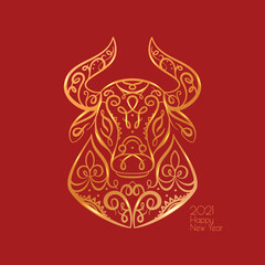 The bull's head is a symbol of prosperity in Chinese tradition. Golden bull symbol of 2021. Illustration for the calendar. - 385381678